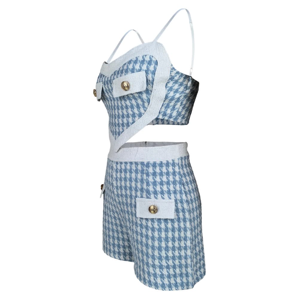 2024 Women's Houndstooth Shorts Set: Sexy Sling Crop Top + Shorts, Clubwear Party Outfit